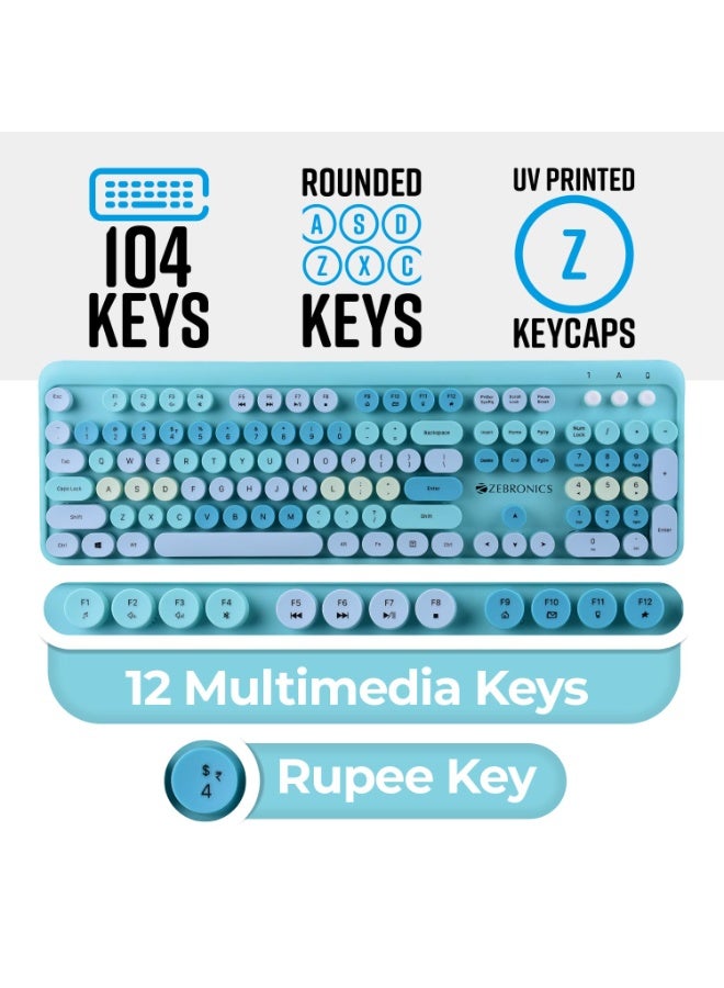 ZEBRONICS Companion 301 2.4GHz Wireless Keyboard & Mouse Combo with UV Printed, Retro Style Keys, 104 + 12 Integrated Multimedia Keys, 1600 DPI, High Precision, Zeb-Companion 301 (Aqua Green) - Image 4